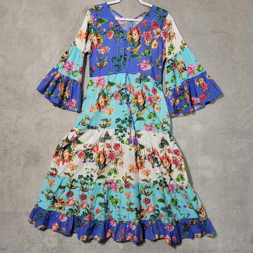 Signals Dress Womens Medium Multicolor Floral Tiered Maxi Boho Bell Sleeve
